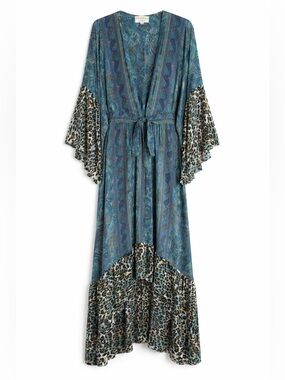 Pahiesa Silk Kimono Robe Blue Paisley Leopard Trim Boho Duster Size M